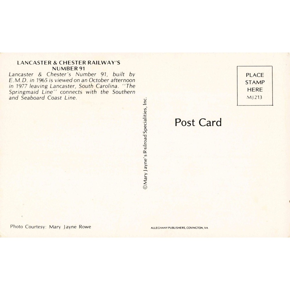 Lancaster & Chester Railway Number 91 EMD Locomotive 1977 SC Postcard - Picture 2 of 2